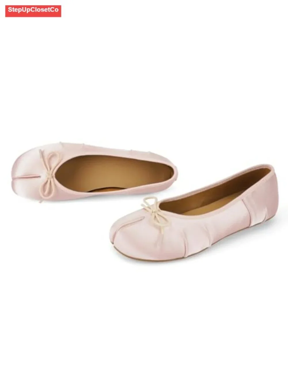 Satin Split Toe Ballet Flats Ruched Detail Bow Accent Slip On Comfort Work Shoes
